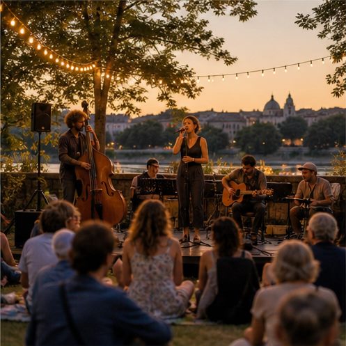 Musiciens jouant en plein air devant un public assis dans l'herbe