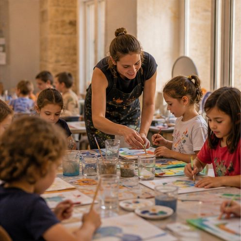 Enfants participant à un atelier de peinture avec une animatrice